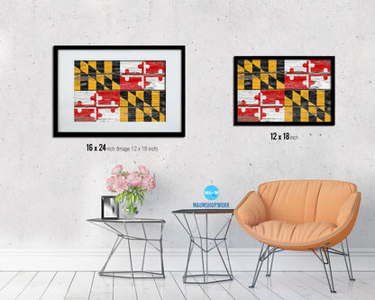 Maryland State Rustic Flag Wood Framed Paper Prints Wall Art Decor Gifts