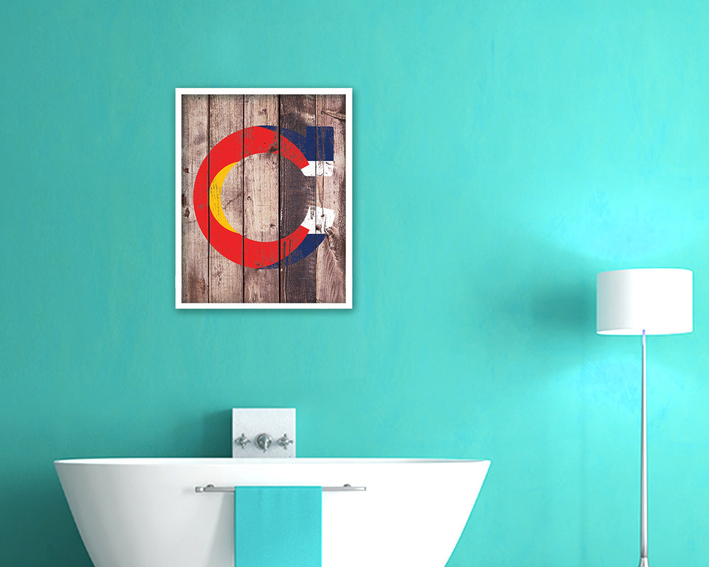 Colorado State Initial Flag Wood Framed Paper Print Decor Wall Art Gifts, Wood