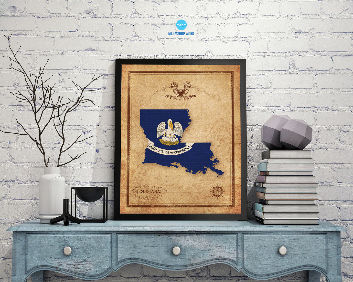 Louisiana State Vintage Map Wood Framed Paper Print  Wall Art Decor Gifts