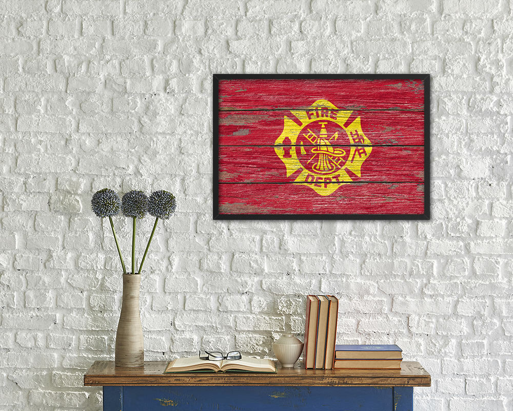 Fire Department Fire Fighter Wood Rustic Flag Wood Framed Print Wall Art Decor Gifts