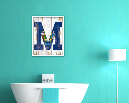 Maine State Initial Flag Wood Framed Paper Print Decor Wall Art Gifts, Beach