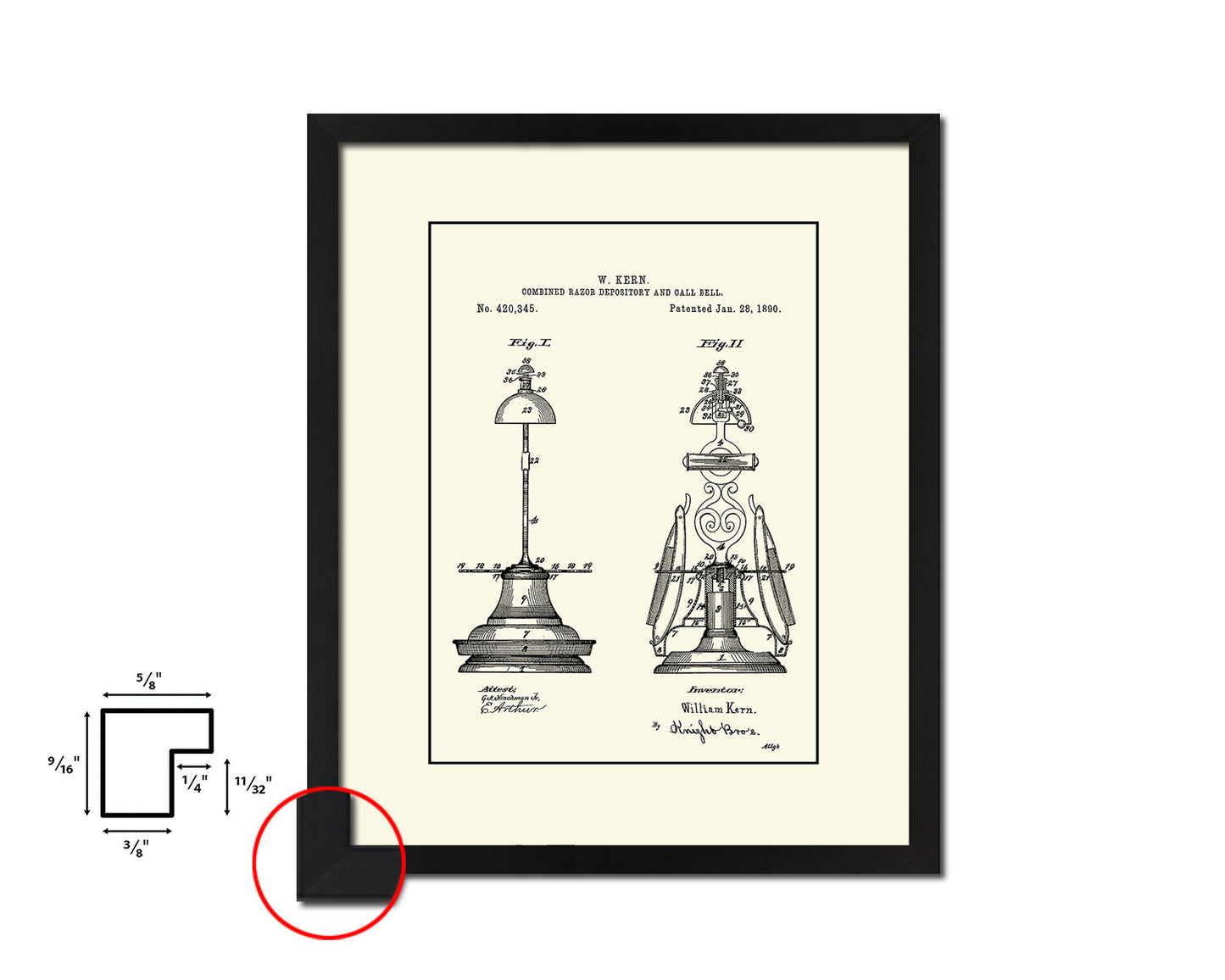 Razor Depository with Call Bell Barbershop Vintage Patent Artwork Black Frame Print Gifts