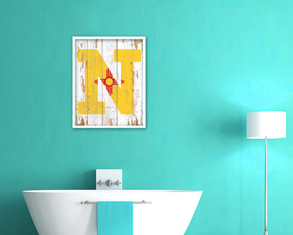 New Mexico State Initial Flag Wood Framed Paper Print Decor Wall Art Gifts, Beach