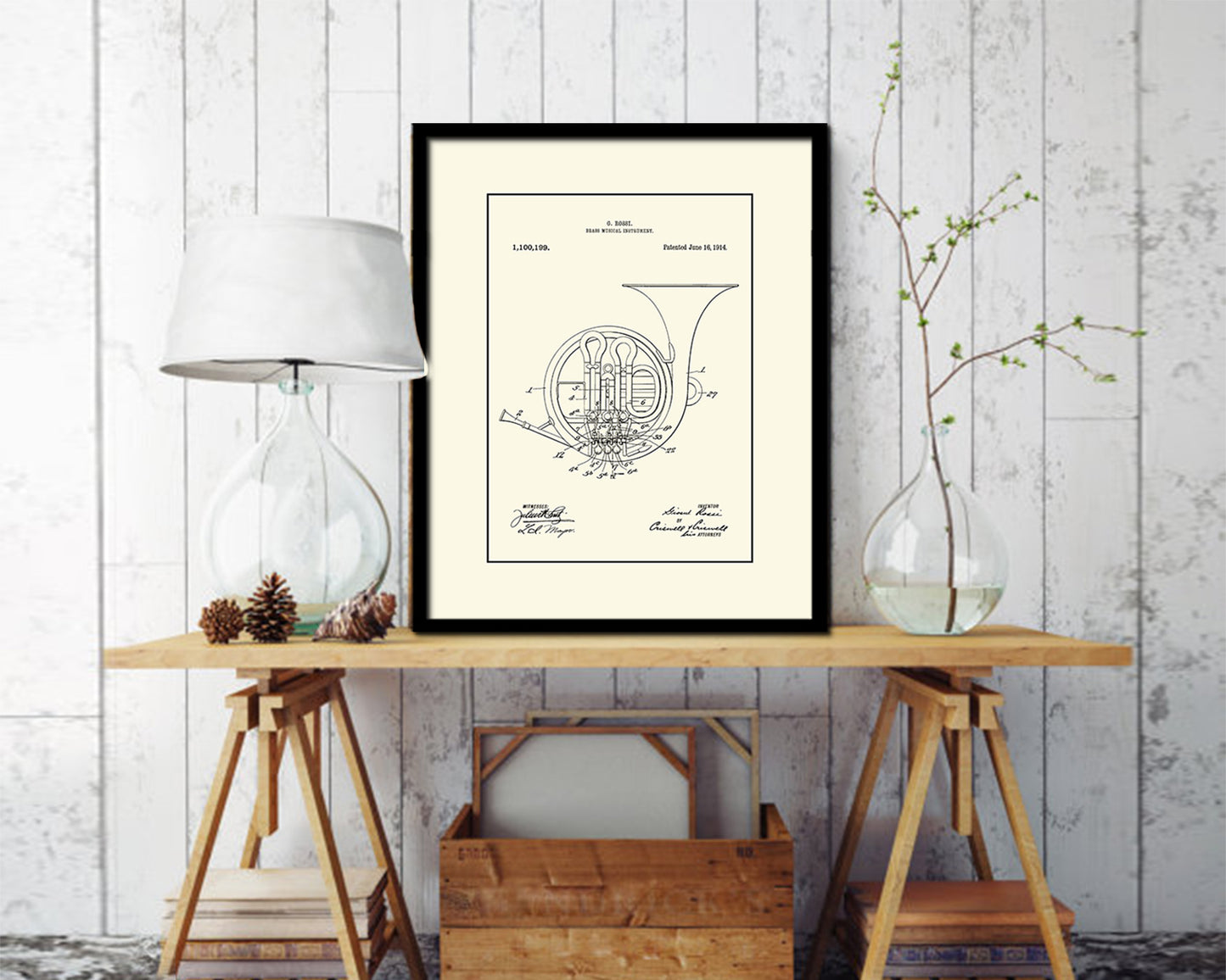 Horn Brass Musical Instrument Music Vintage Patent Artwork Black Frame Print Gifts