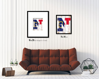 North Carolina State Initial Flag Wood Framed Paper Print Decor Wall Art Gifts, Beach
