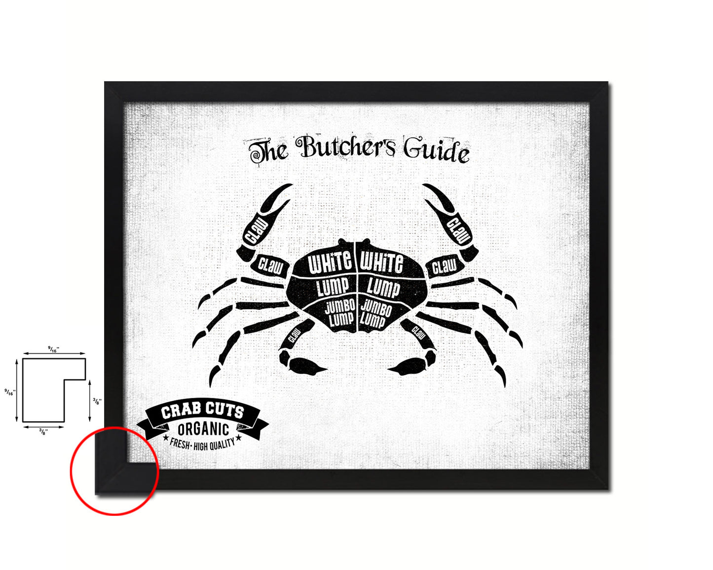Crab  Meat Cuts Butchers Chart Wood Framed Paper Print Home Decor Wall Art Gifts