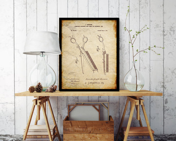 Combined Scissors and Comb Barbershop Vintage Patent Artwork Walnut Frame Gifts