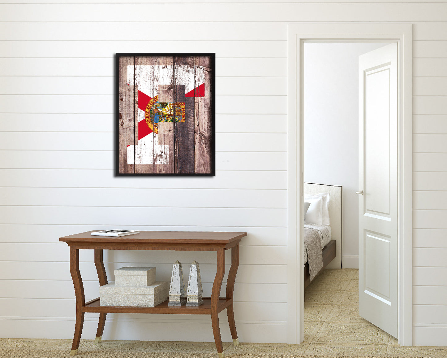 Florida State Initial Flag Wood Framed Paper Print Decor Wall Art Gifts, Wood
