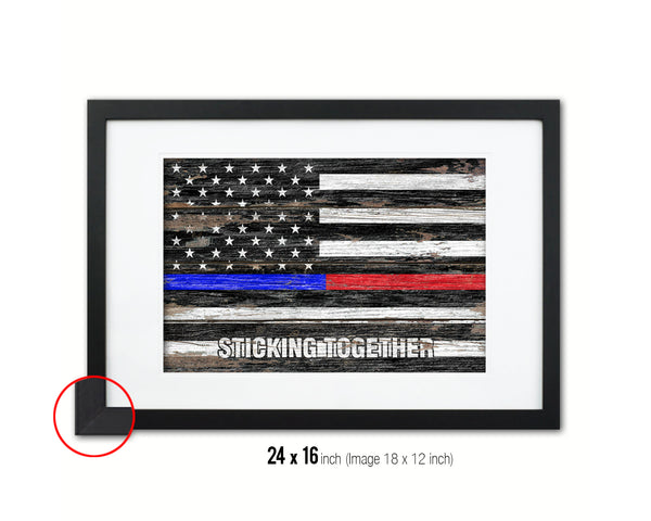 Thin Blue Line Police & Thin Red Line Firefighter Respect, Sticking Together Wood Rustic Flag Art