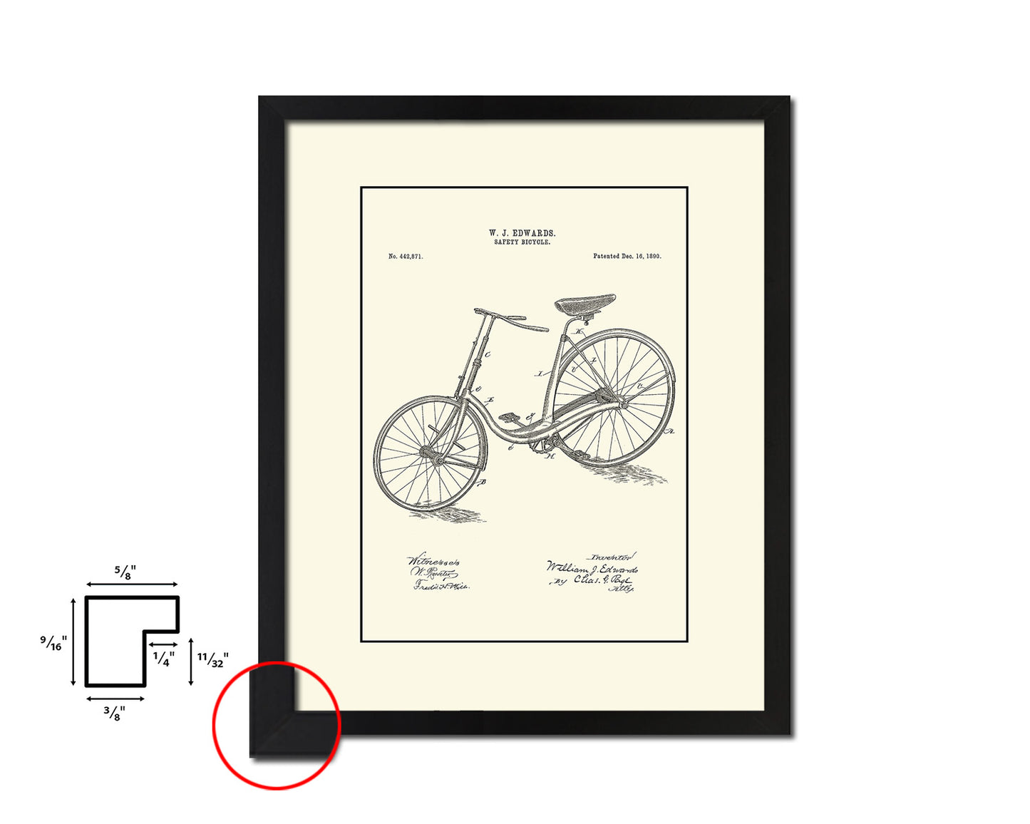Safety 1890 Bicycle Vintage Patent Artwork Black Frame Print Wall Art Decor Gifts