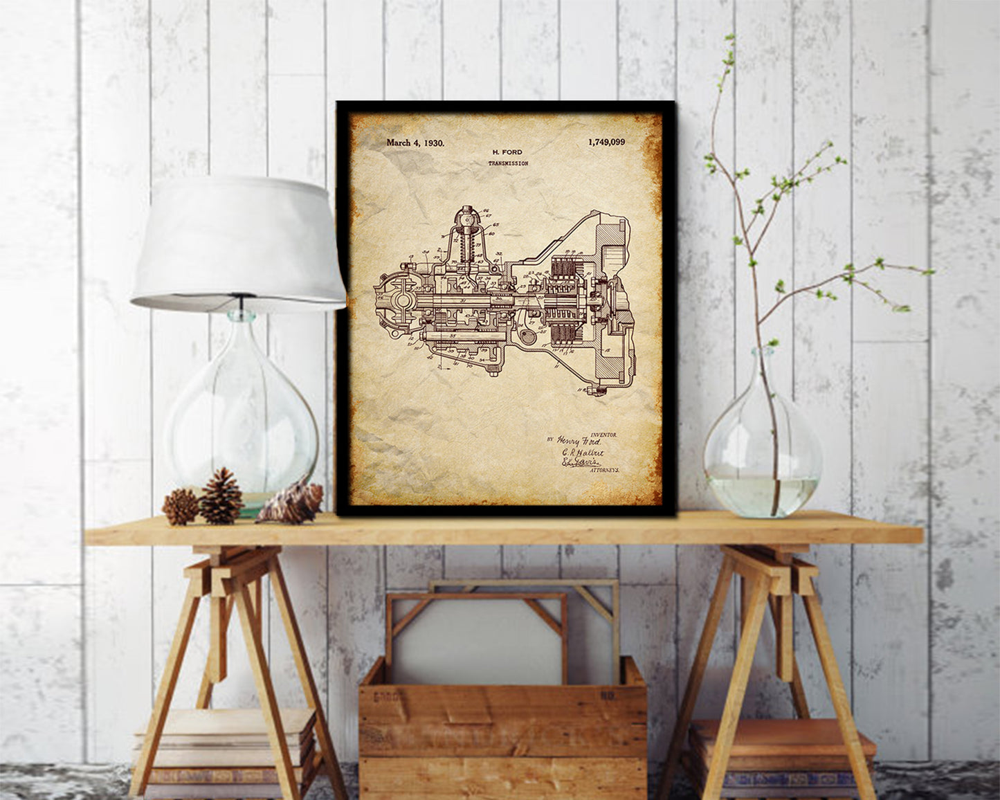 Transmission Car Vintage Patent Artwork Walnut Frame Print Wall Art Decor Gifts