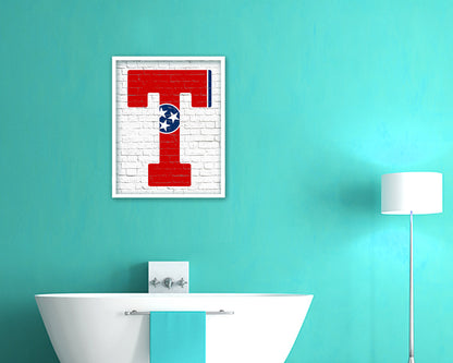 Tennessee State Initial Flag Wood Framed Paper Print Decor Wall Art Gifts, Brick