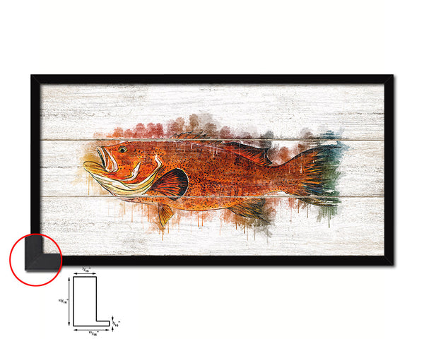 Red Grouper Fish Art Wood Framed White Wash Restaurant Sushi Wall Decor Gifts, 10" x 20"