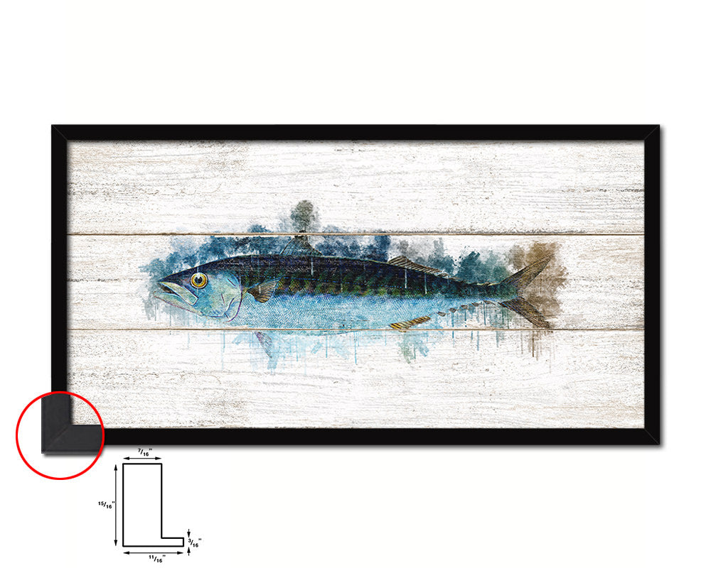 Mackeral Fish Art Wood Framed White Wash Restaurant Sushi Wall Decor Gifts, 10" x 20"