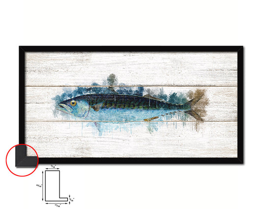 Mackeral Fish Art Wood Framed White Wash Restaurant Sushi Wall Decor Gifts, 10" x 20"
