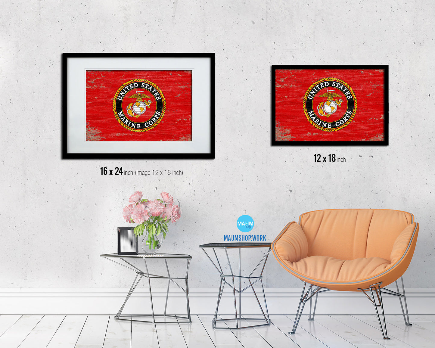 US Marine Corps Emblem Shabby Chic Military Flag Framed Print Decor Wall Art Gifts