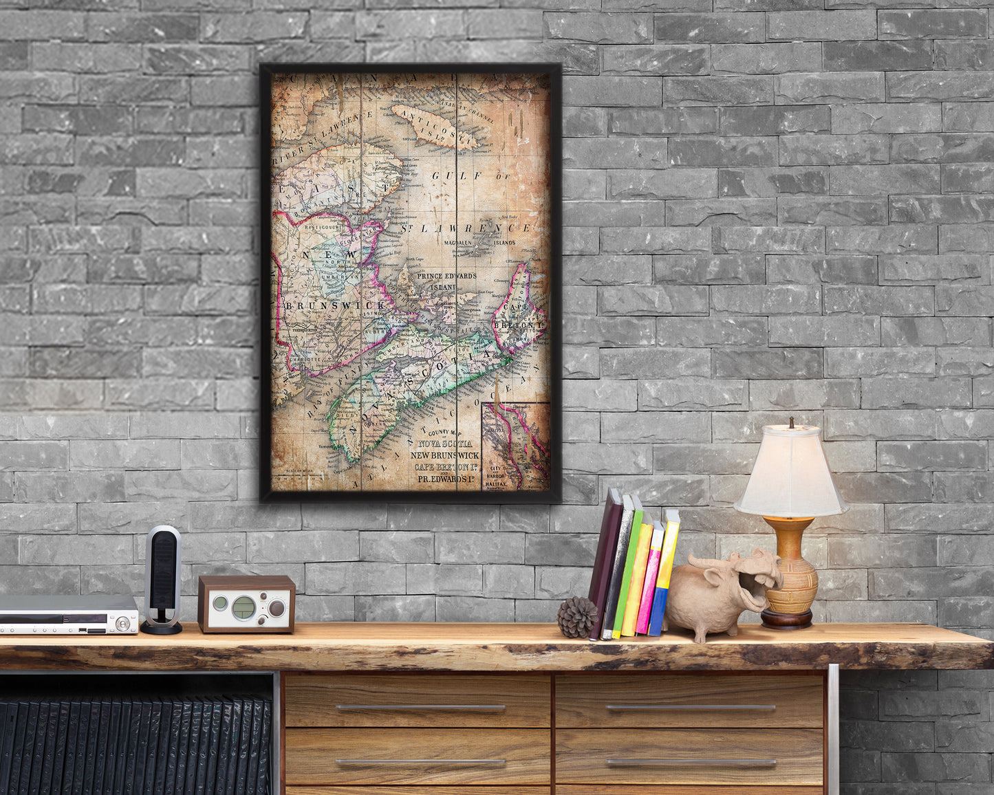 Nova Scotia New Brunswick Canada Antique Map Wood Framed Print Art Wall Decor Gifts