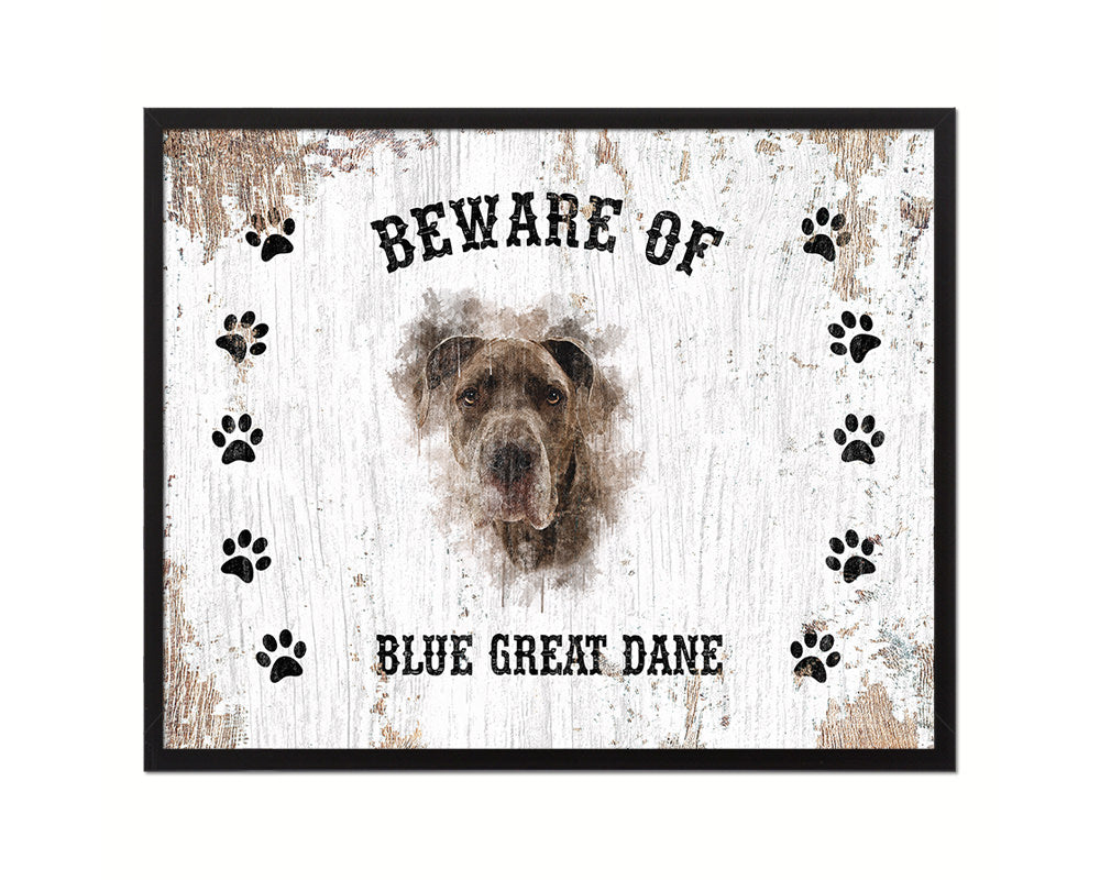 Beware of Blue Great Dane Sign Wood Framed Print Wall Art Decor Gifts