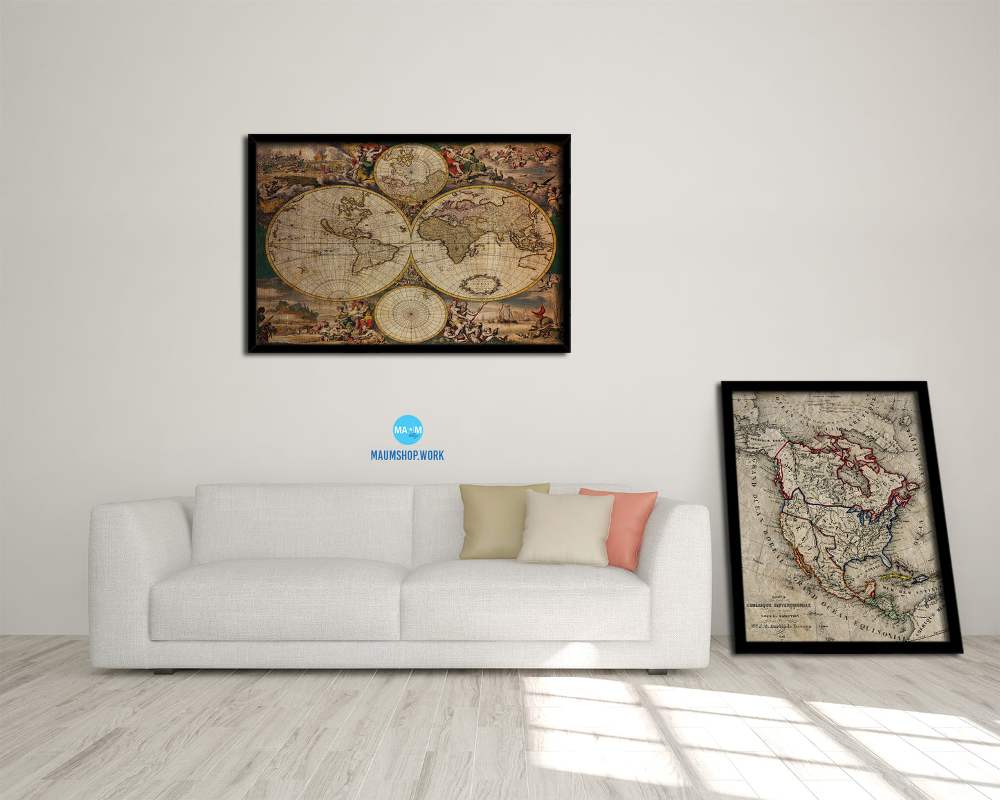 World hemispheres Frederick De Wit Amsterdam 1668 Vintage Map Framed Print Art Wall Decor Gifts