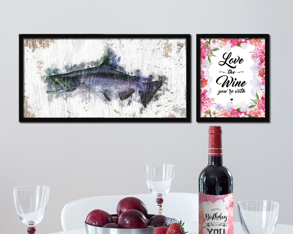 King Salmon Fish Art Wood Frame Shabby Chic Restaurant Sushi Wall Decor Gifts, 10" x 20"