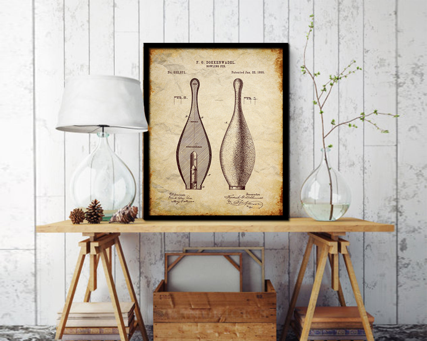 Bowling Pin Sports Vintage Patent Artwork Walnut Frame Gifts