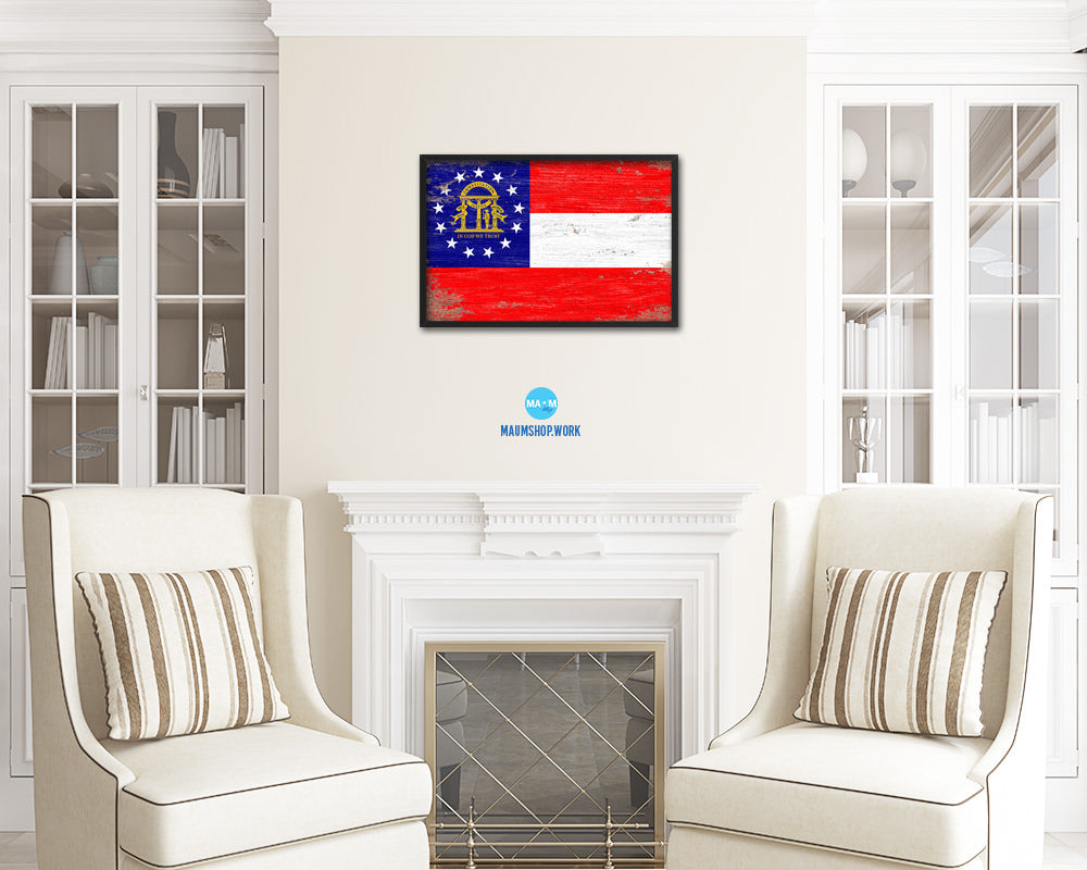 Georgia State Shabby Chic Flag Wood Framed Paper Print  Wall Art Decor Gifts