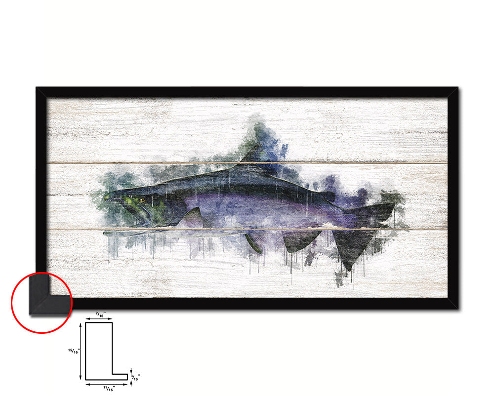 King Salmon Fish Art Wood Framed White Wash Restaurant Sushi Wall Decor Gifts, 10" x 20"