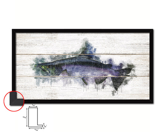 King Salmon Fish Art Wood Framed White Wash Restaurant Sushi Wall Decor Gifts, 10" x 20"
