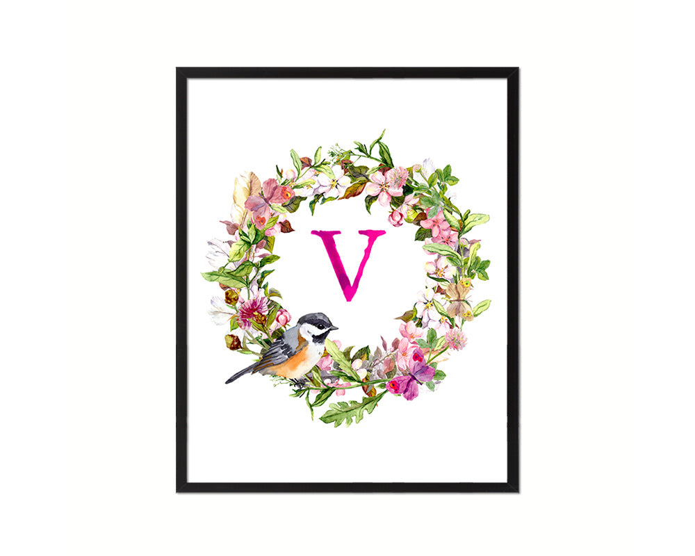 Letter V Floral Wreath Monogram Framed Print Wall Art Decor Gifts