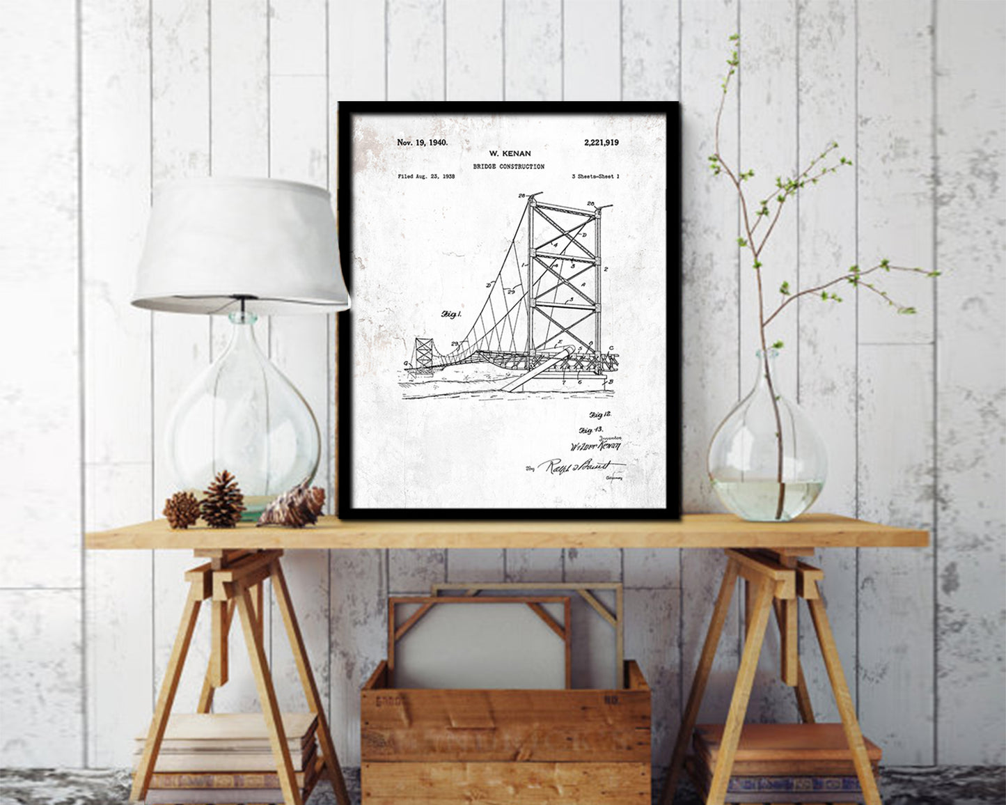 Construction Bridge Vintage Patent Artwork Black Frame Print Wall Art Decor Gifts