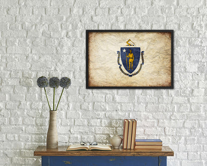 Massachusetts State Vintage Flag Wood Framed Paper Print Wall Art Decor Gifts