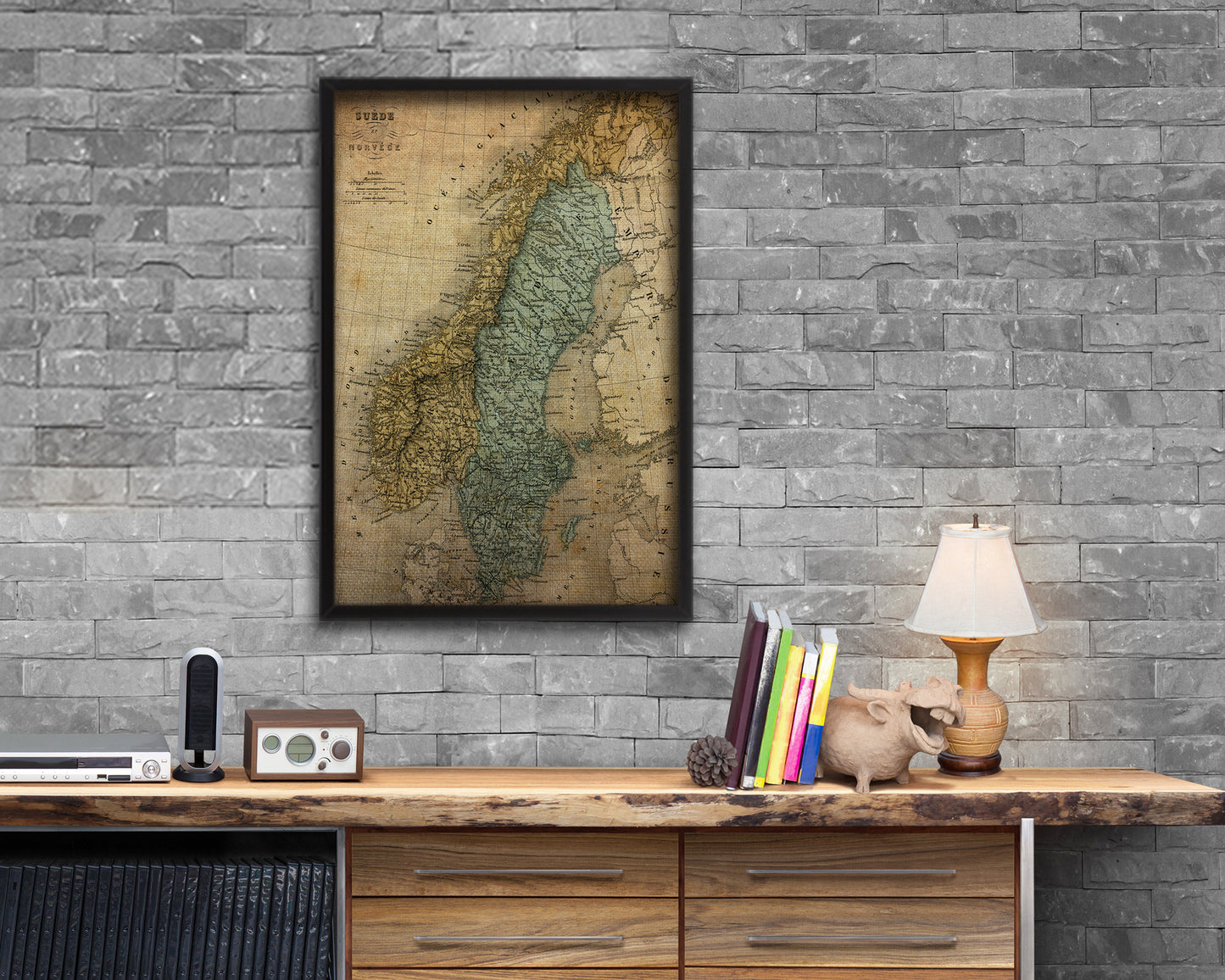 Sweden and Norway Vintage Map Wood Framed Print Art Wall Decor Gifts