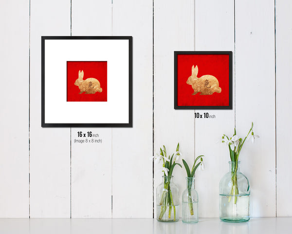 Rabbit Chinese Zodiac Character Wood Framed Print Wall Art Decor Gifts, Red