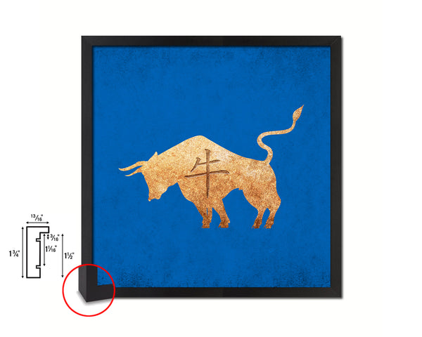 Ox Chinese Zodiac Character Wood Framed Print Wall Art Decor Gifts, Blue
