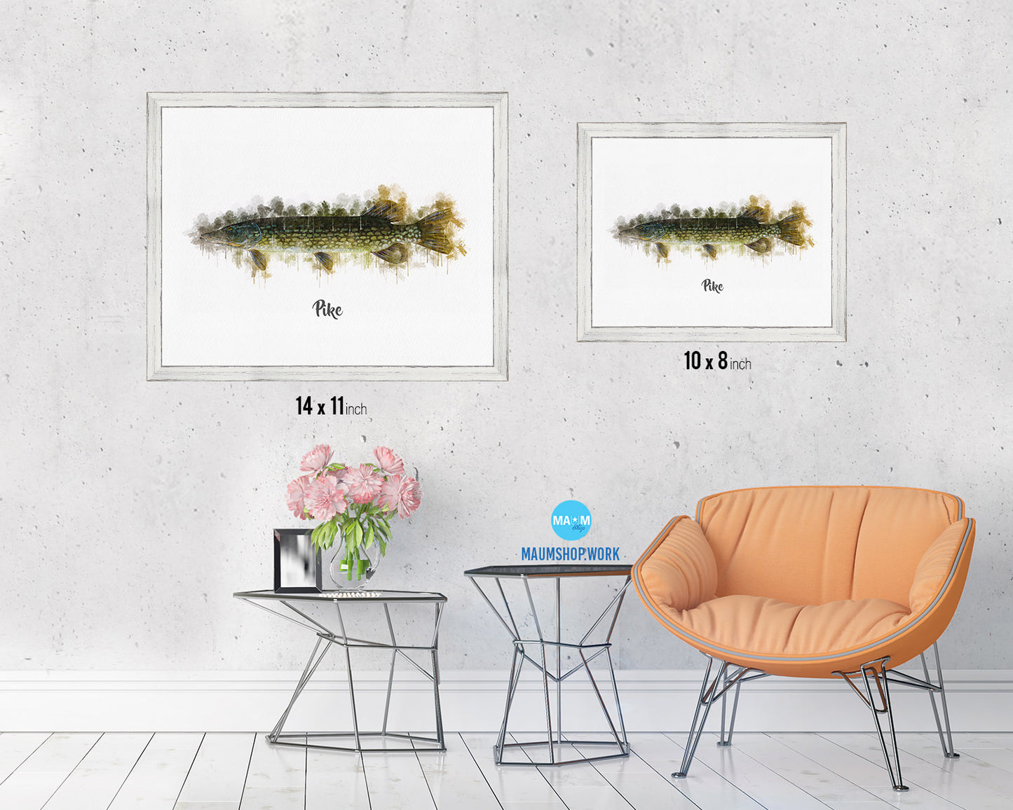 Pike Fish Framed Prints Modern Restaurant Sushi Bar Watercolor Wall Art Decor