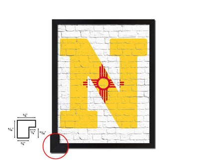 New Mexico State Initial Flag Wood Framed Paper Print Decor Wall Art Gifts, Brick