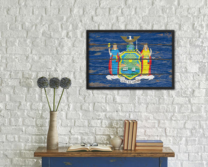 New York State Rustic Flag Wood Framed Paper Prints Wall Art Decor Gifts