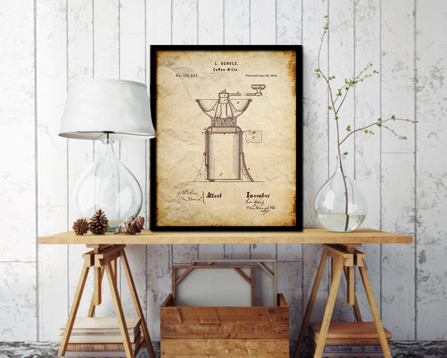Mill Coffee Vintage Patent Artwork Walnut Frame Print Wall Art Decor Gifts