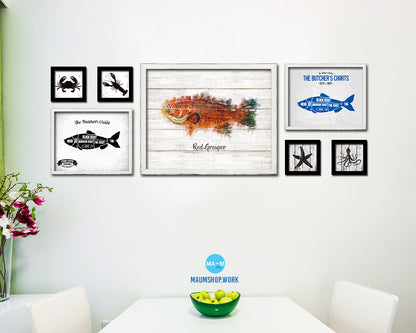 Red Grouper Fish Framed Prints Modern Restaurant Sushi Bar Watercolor Wall Art Decor