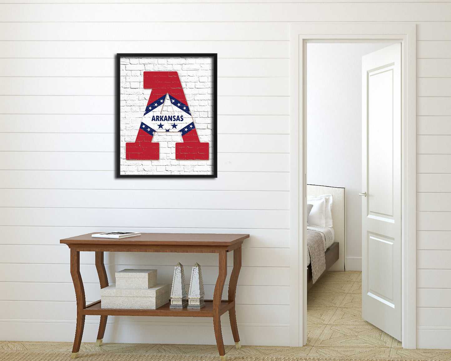 Arkansas State Initial Flag Wood Framed Paper Print Decor Wall Art Gifts, Brick
