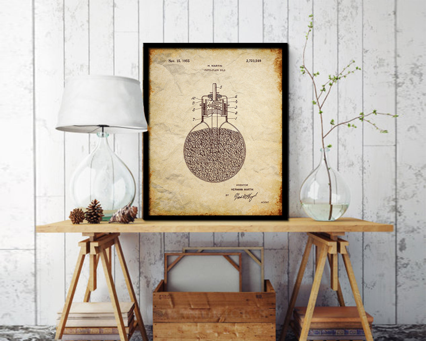 Martin Photo Flash Bulb Camera Vintage Patent Artwork Walnut Frame Print Wall Art Decor Gifts