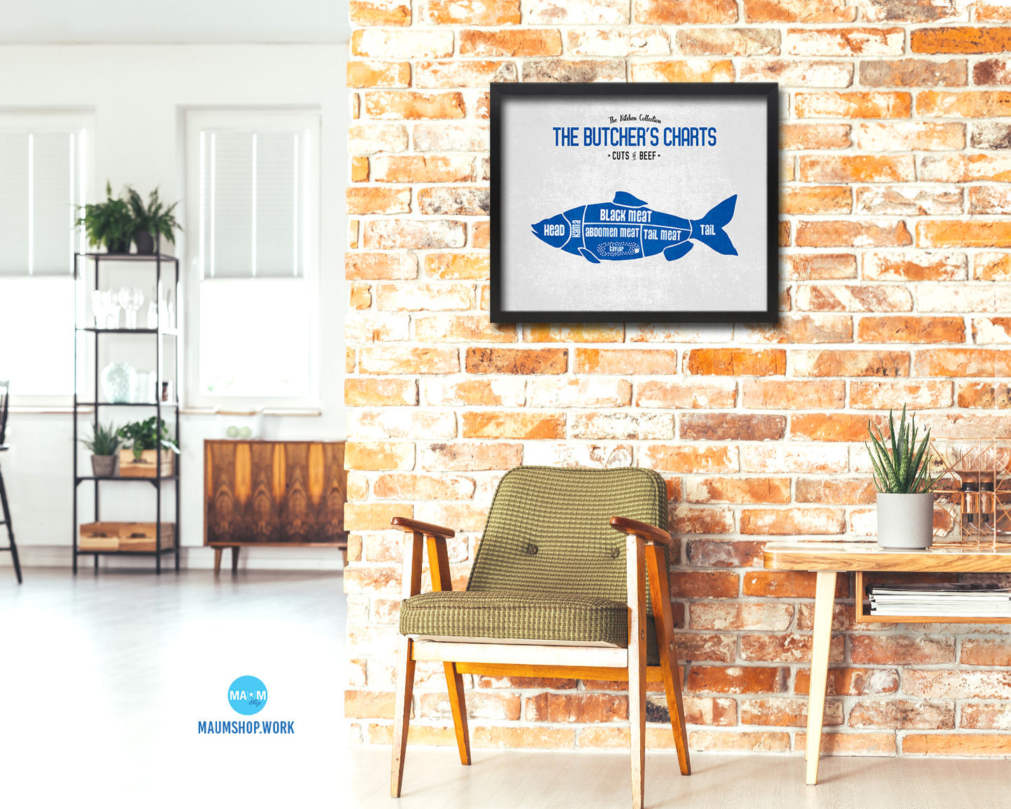 Fish  Meat Cuts Butchers Chart Wood Framed Paper Print Home Decor Wall Art Gifts