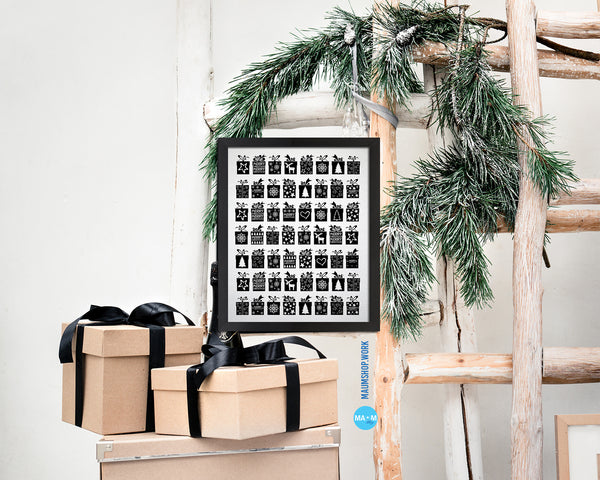 Christmas Gift Black and White Box Holiday Season Gifts Wood Framed Print Home Decor Wall Art