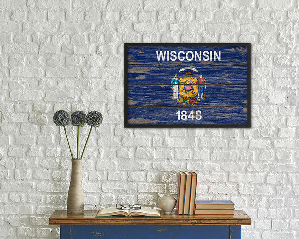 Wisconsin State Rustic Flag Wood Framed Paper Prints Wall Art Decor Gifts