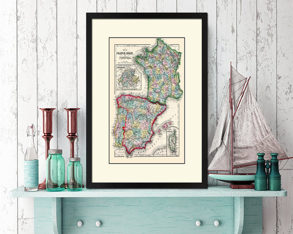 Spain Portugal and France Old Map Wood Framed Print Art Wall Decor Gifts