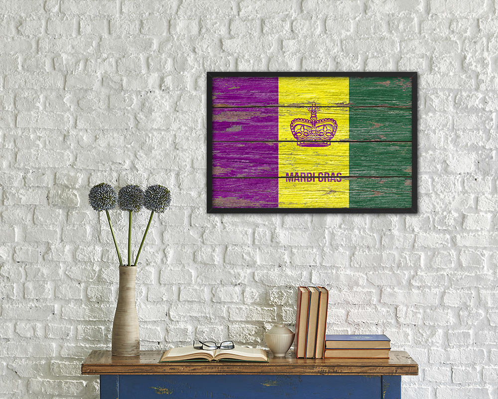 New Orleans Mardis Gras Rustic Flag Wood Framed Paper Prints Decor Wall Art Gifts