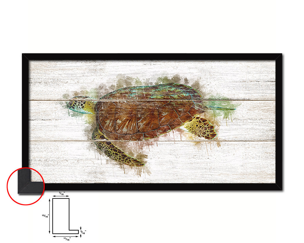 Turtle Fish Art Wood Framed White Wash Restaurant Sushi Wall Decor Gifts, 10" x 20"