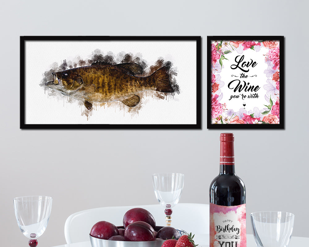 Smallmouth Bass Fish Art Wood Frame Modern Restaurant Sushi Wall Decor Gifts, 10" x 20"
