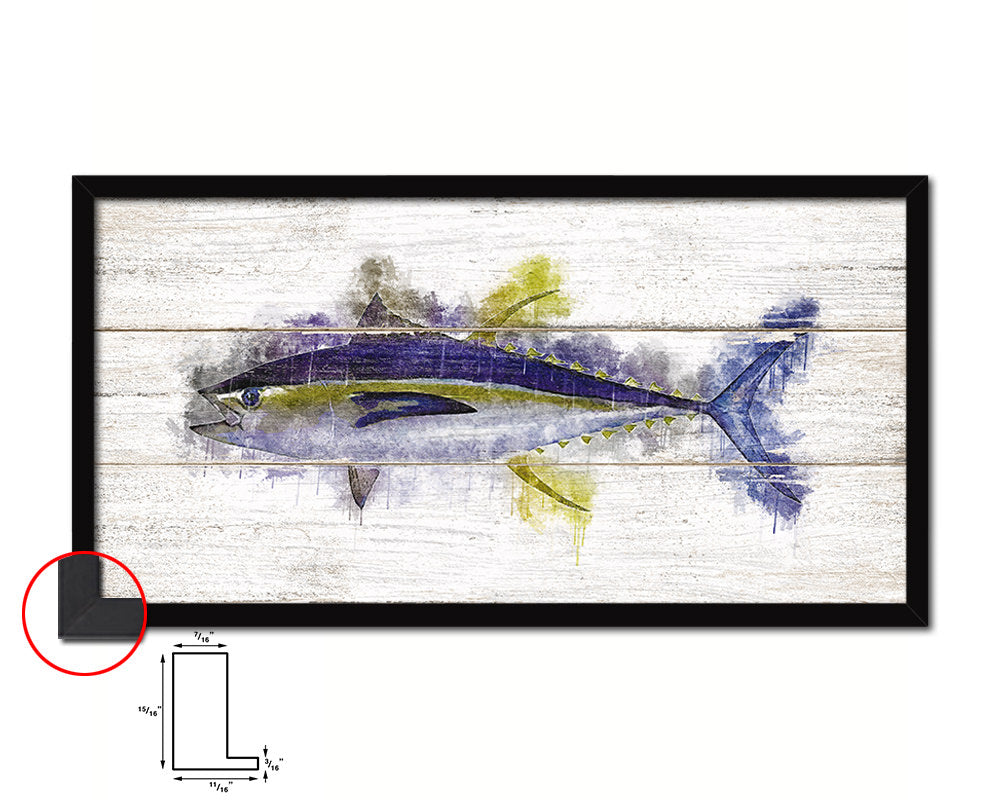 Yellowfin Fish Art Wood Framed White Wash Restaurant Sushi Wall Decor Gifts, 10" x 20"