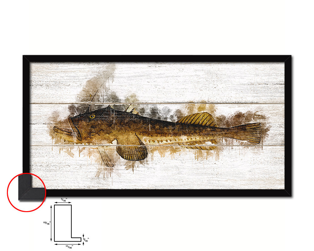 Monkfish Fish Art Wood Framed White Wash Restaurant Sushi Wall Decor Gifts, 10" x 20"